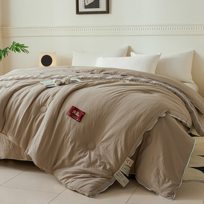 91家纺网 家纺一手货源 找家纺 创优家纺 2025新款良品针织棉子母被春秋被冬被二合一拉链款子母被 立体条纹-卡其