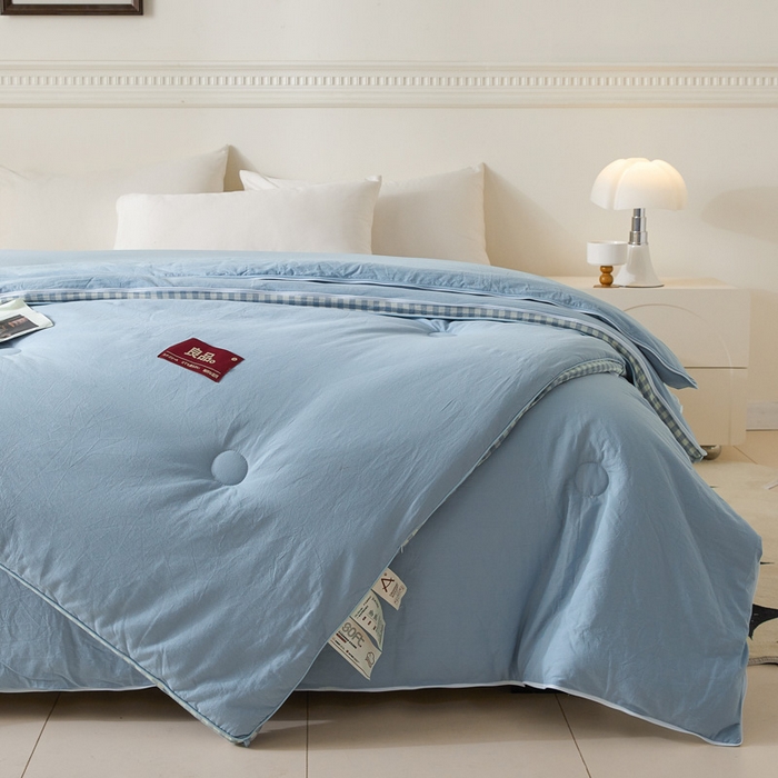 91家纺网 家纺一手货源 找家纺 创优家纺 2025新款良品针织棉子母被春秋被冬被二合一拉链款子母被 立体蓝小格-蓝