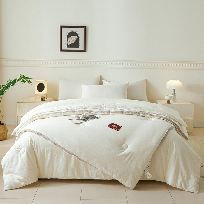 91家纺网 家纺一手货源 找家纺 创优家纺 2025新款良品针织棉子母被春秋被冬被二合一拉链款子母被 立体条纹-米白