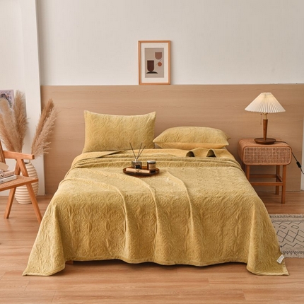 有货 2024新款法式繁花暖绒床盖三件套 繁花-芥末黄