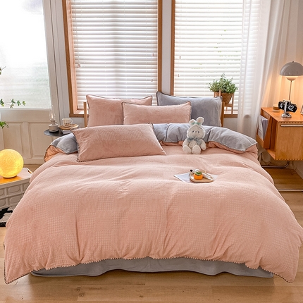 桃子家居 2024新款A类无印ins华夫格提花烂花雕花剪花三角贝壳边工艺加厚牛奶绒四件套单品 绒华夫格-豆粉