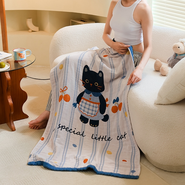 91家纺网 家纺一手货源 找家纺 雯雨家纺 2024新款四层全棉纱布浴巾加大毛巾80*160cm 小黑猫