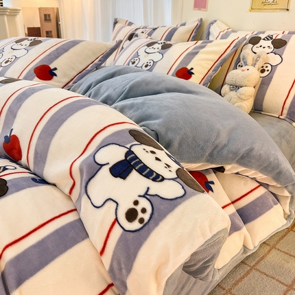 2024新款A类高克重时尚风牛奶绒加厚保暖系列套件单品-四件套 苹果小狗