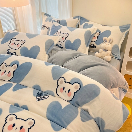 2024新款A类高克重时尚风牛奶绒加厚保暖系列套件单品-四件套 波波熊蓝