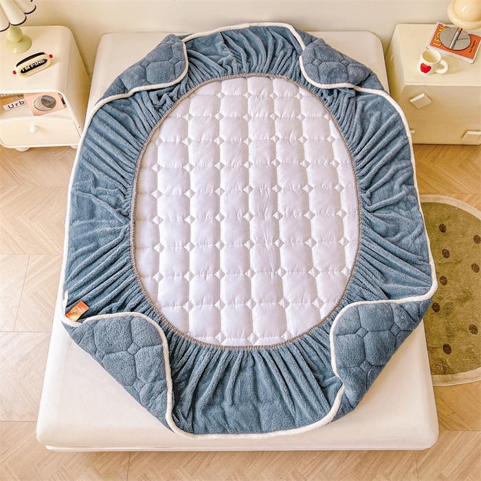 91家纺网 家纺一手货源 找家纺 雯豆家纺 2024冬款新品泰迪绒夹棉床笠三件套北极绒床垫保护套加厚保暖床笠 泰迪绒床笠-海因蓝