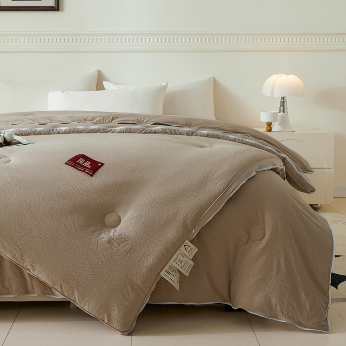 91家纺网 家纺一手货源 找家纺 创优家纺 2025新款良品针织棉子母被春秋被冬被二合一拉链款子母被 立体条纹-卡其