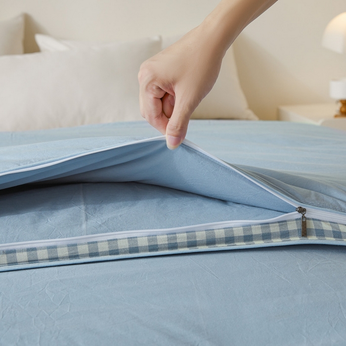 91家纺网 家纺一手货源 找家纺 创优家纺 2025新款良品针织棉子母被春秋被冬被二合一拉链款子母被 立体蓝小格-蓝