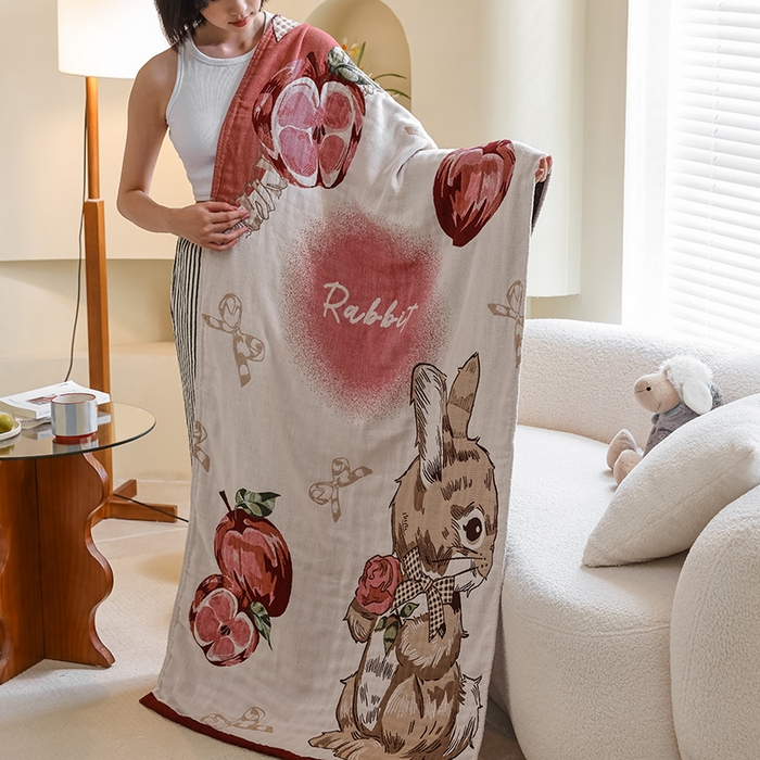 91家纺网 家纺一手货源 找家纺 雯雨家纺 2024新款四层全棉纱布浴巾加大毛巾80*160cm 小兔爱丽丝