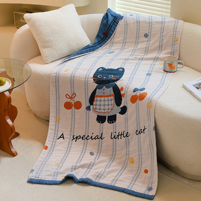 91家纺网 家纺一手货源 找家纺 雯雨家纺 2024新款四层全棉纱布浴巾加大毛巾80*160cm 小黑猫