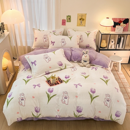 2024新款A类高克重时尚风牛奶绒加厚保暖系列套件单品-被套 花花小兔紫
