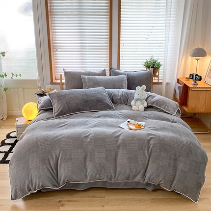 桃子家居 2024新款A类无印ins华夫格提花烂花雕花剪花三角贝壳边工艺加厚牛奶绒四件套单品 绒华夫格-高级灰