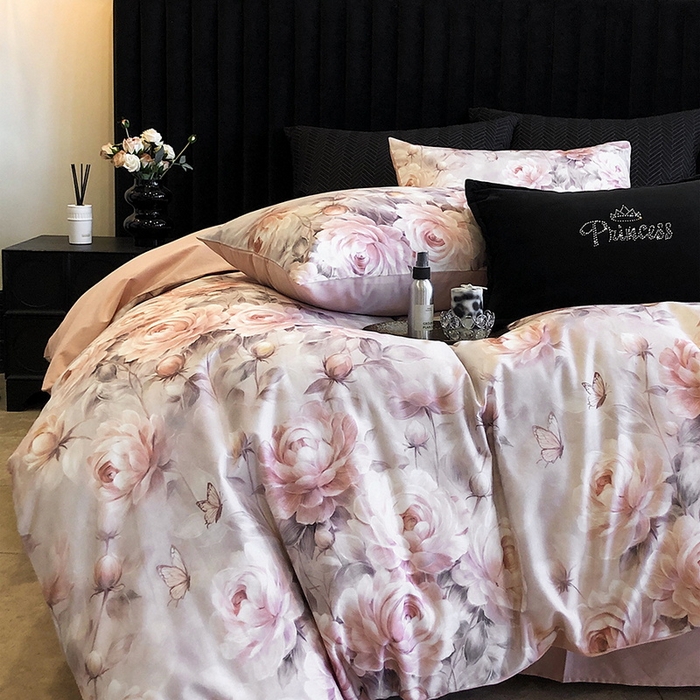 91家纺网 家纺一手货源 找家纺 立奥被业 2024新款全棉高密磨毛数码印花四件套 希雅粉