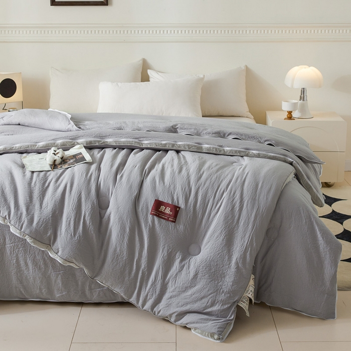 91家纺网 家纺一手货源 找家纺 创优家纺 2025新款良品针织棉子母被春秋被冬被二合一拉链款子母被 立体条纹-浅灰