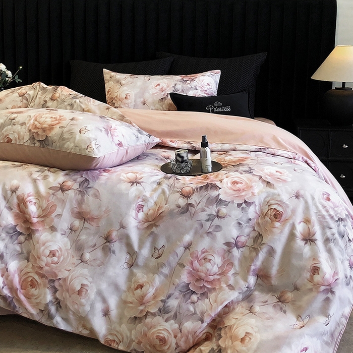 91家纺网 家纺一手货源 找家纺 立奥被业 2024新款全棉高密磨毛数码印花四件套 希雅粉