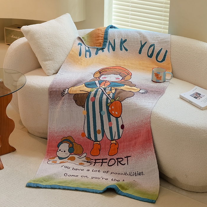 91家纺网 家纺一手货源 找家纺 雯雨家纺 2024新款四层全棉纱布浴巾加大毛巾80*160cm 草莓女孩