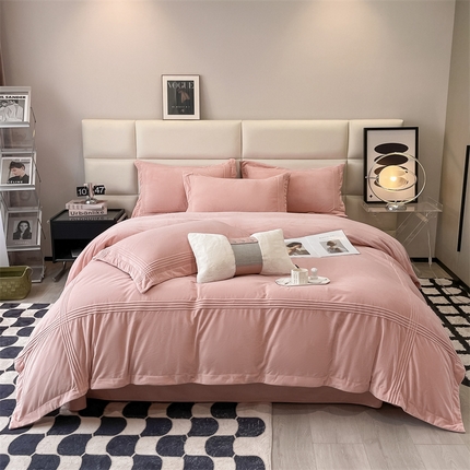 禧澜庭 2024新款A类婴儿绒宝宝绒牛奶绒埋线款埋绳款纯色刺绣四件套 珊瑚粉