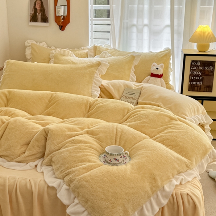 91家纺网 家纺一手货源 找家纺 星座家纺 2025新款牛奶绒花边床裙款四件套 床裙款-柠檬黄