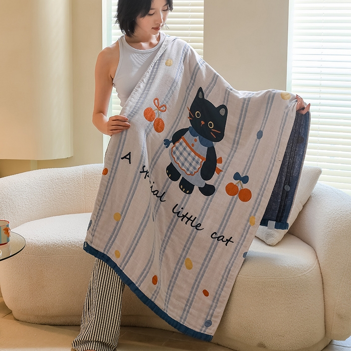 91家纺网 家纺一手货源 找家纺 雯雨家纺 2024新款四层全棉纱布浴巾加大毛巾80*160cm 小黑猫