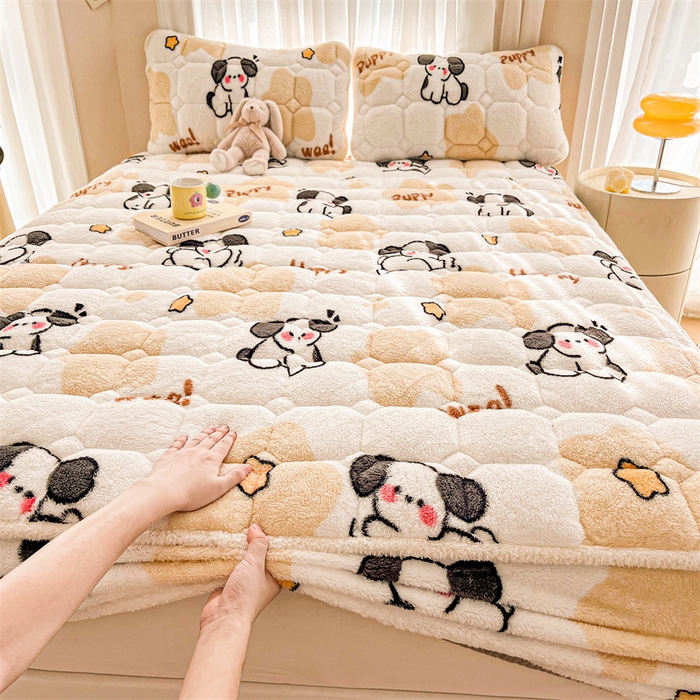 91家纺网 家纺一手货源 找家纺 雯豆家纺 2024冬款新品泰迪绒夹棉床笠三件套北极绒床垫保护套加厚保暖床笠 泰迪绒床笠-顽皮狗-咖
