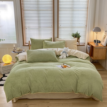 桃子家居 2024新款A类无印ins华夫格提花烂花雕花剪花三角贝壳边工艺加厚牛奶绒四件套单品 绒华夫格-绿黄