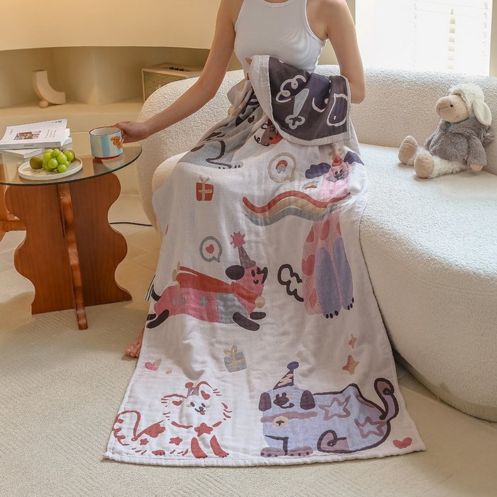 91家纺网 家纺一手货源 找家纺 雯雨家纺 2024新款四层全棉纱布浴巾加大毛巾80*160cm 漫画狗