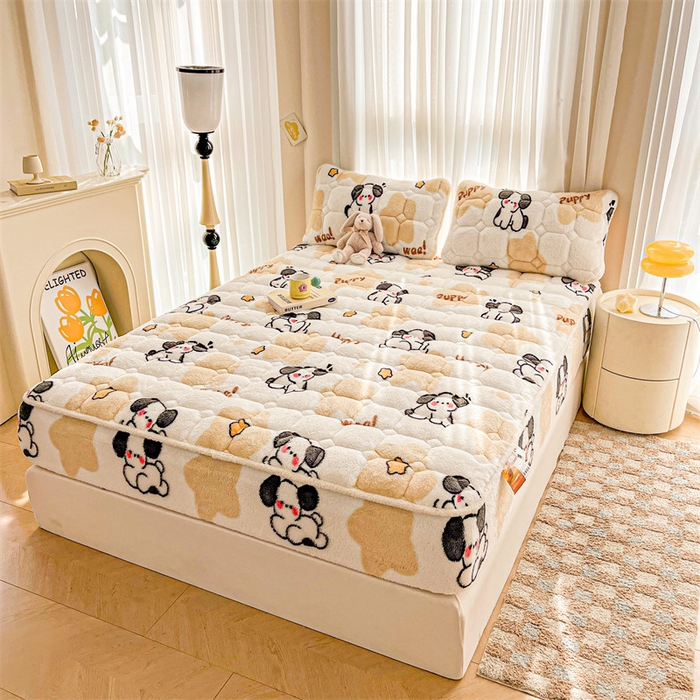 91家纺网 家纺一手货源 找家纺 雯豆家纺 2024冬款新品泰迪绒夹棉床笠三件套北极绒床垫保护套加厚保暖床笠 泰迪绒床笠-顽皮狗-咖