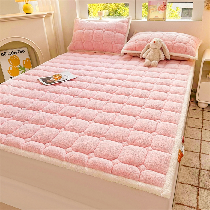 91家纺网 家纺一手货源 找家纺 雯豆家纺 2024新款泰迪绒床垫床护垫加厚北极绒床褥子印花小清新床垫子 泰迪绒床褥-玉粉