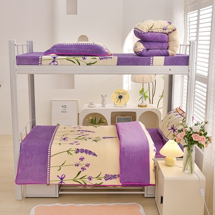 91家纺网 家纺一手货源 找家纺 绒品荟家纺 2025新款加厚牛奶绒三件套金貂绒法莱绒冬季床单款床笠款学生宿舍单人三件套 薰衣草