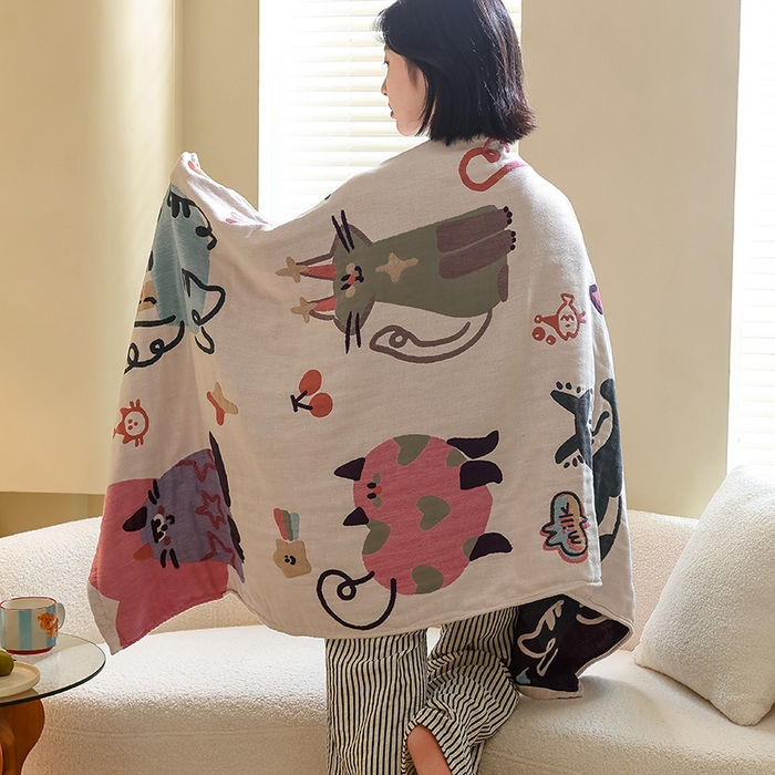 91家纺网 家纺一手货源 找家纺 雯雨家纺 2024新款四层全棉纱布浴巾加大毛巾80*160cm 漫画猫