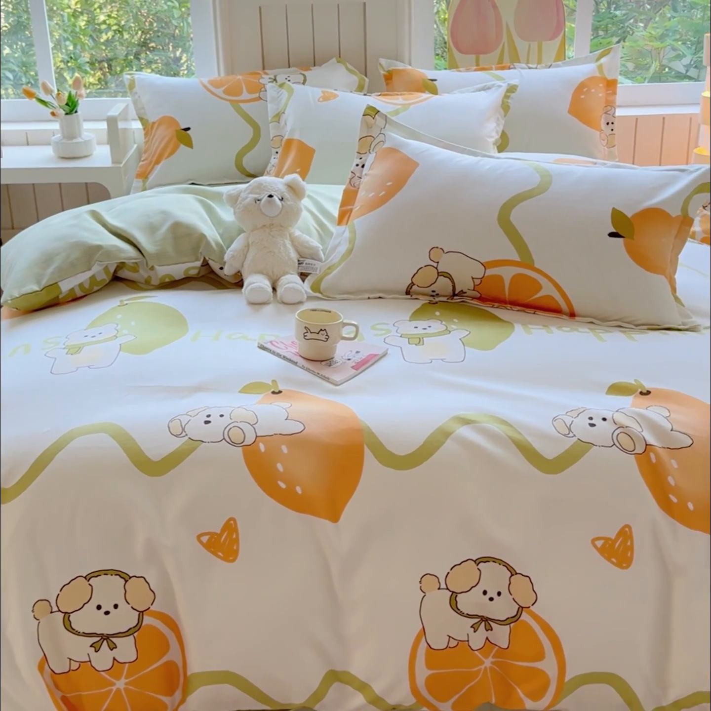 91家纺网 家纺一手货源 找家纺 佑佳家纺 2024新款140克磨毛印花植物羊绒单被套磨毛四件套 柠檬熊