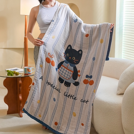 91家纺网 家纺一手货源 找家纺 雯雨家纺 2024新款四层全棉纱布浴巾加大毛巾80*160cm 小黑猫