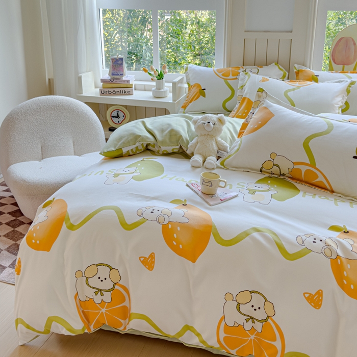 91家纺网 家纺一手货源 找家纺 佑佳家纺 2024新款140克磨毛印花植物羊绒单被套磨毛四件套 柠檬熊