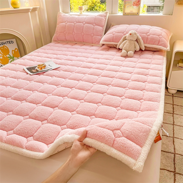91家纺网 家纺一手货源 找家纺 雯豆家纺 2024新款泰迪绒床垫床护垫加厚北极绒床褥子印花小清新床垫子 泰迪绒床褥-玉粉