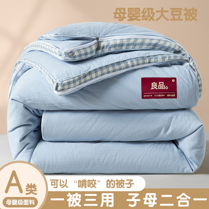 91家纺网 家纺一手货源 找家纺 创优家纺 2025新款良品针织棉子母被春秋被冬被二合一拉链款子母被 立体蓝小格-蓝