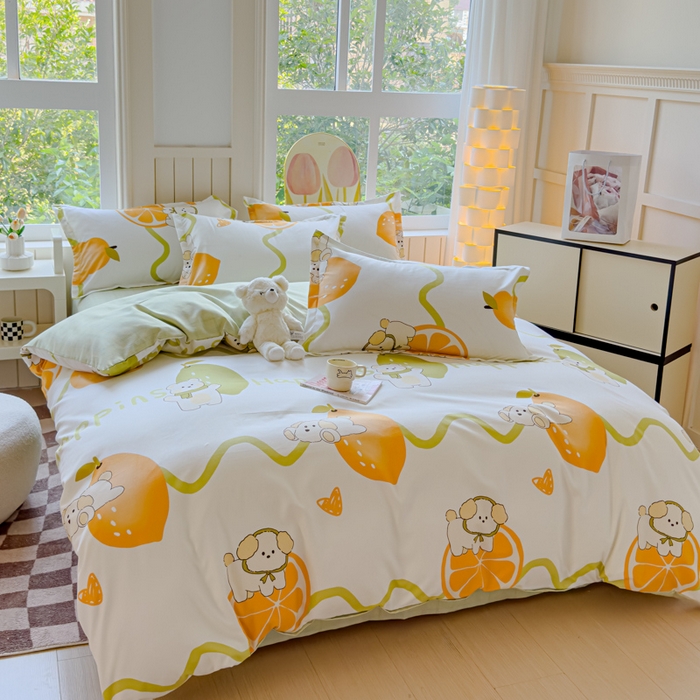 91家纺网 家纺一手货源 找家纺 佑佳家纺 2024新款140克磨毛印花植物羊绒单被套磨毛四件套 柠檬熊