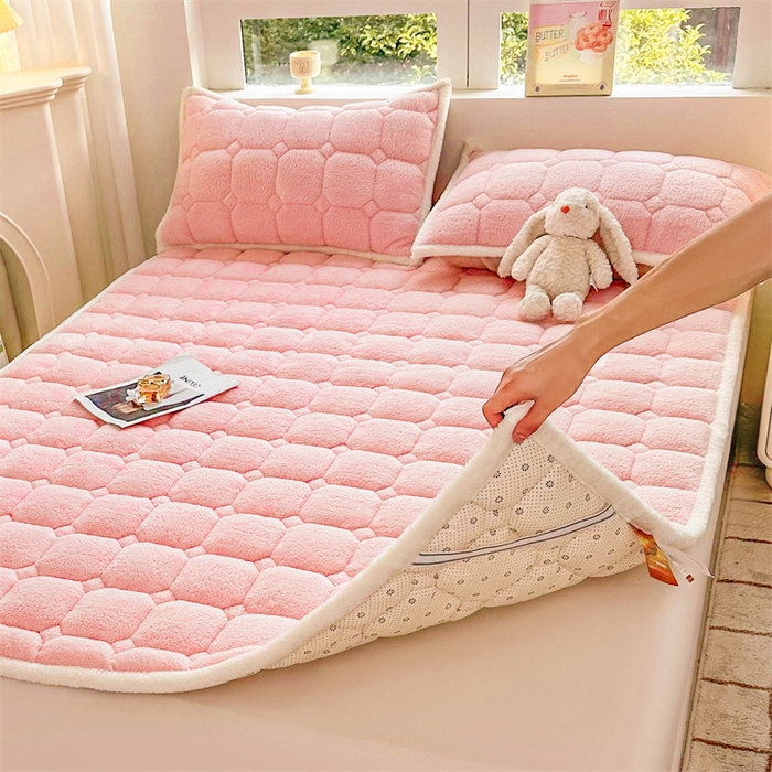 91家纺网 家纺一手货源 找家纺 雯豆家纺 2024新款泰迪绒床垫床护垫加厚北极绒床褥子印花小清新床垫子 泰迪绒床褥-玉粉