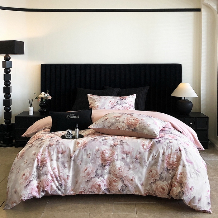 91家纺网 家纺一手货源 找家纺 立奥被业 2024新款全棉高密磨毛数码印花四件套 希雅粉