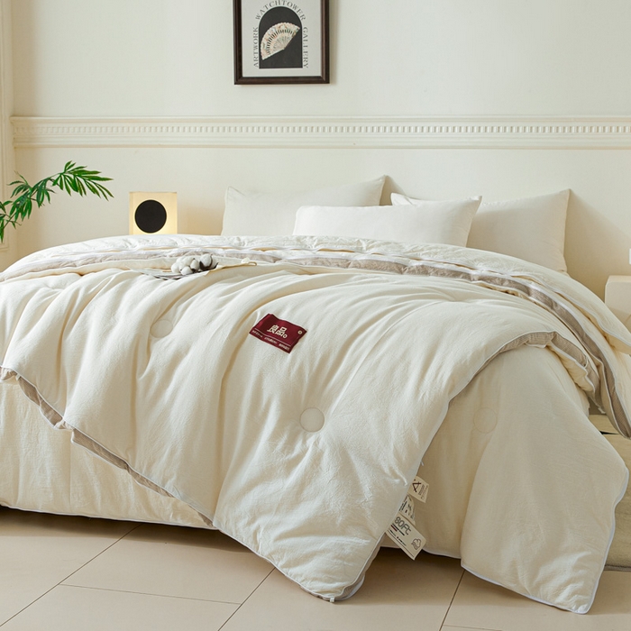 91家纺网 家纺一手货源 找家纺 创优家纺 2025新款良品针织棉子母被春秋被冬被二合一拉链款子母被 立体条纹-米白