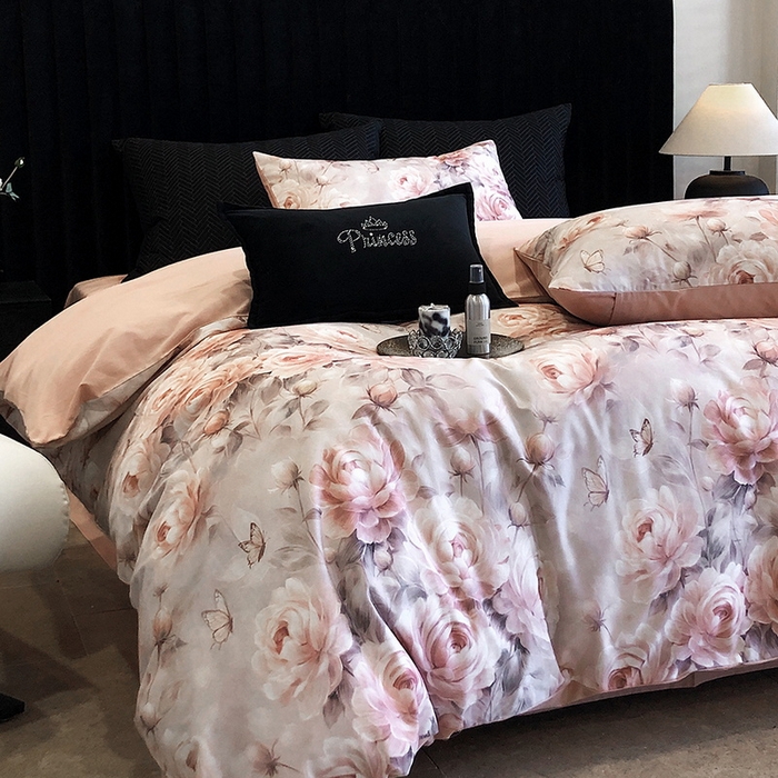 91家纺网 家纺一手货源 找家纺 立奥被业 2024新款全棉高密磨毛数码印花四件套 希雅粉