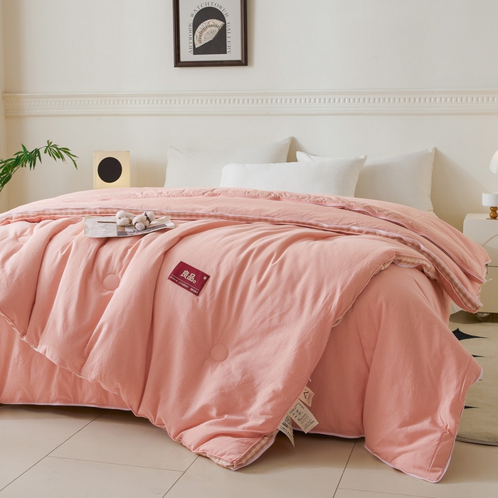 91家纺网 家纺一手货源 找家纺 创优家纺 2025新款良品针织棉子母被春秋被冬被二合一拉链款子母被 立体粉小格-粉