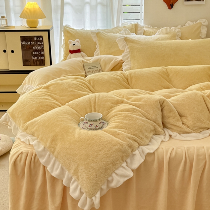 91家纺网 家纺一手货源 找家纺 星座家纺 2025新款牛奶绒花边床裙款四件套 床裙款-柠檬黄