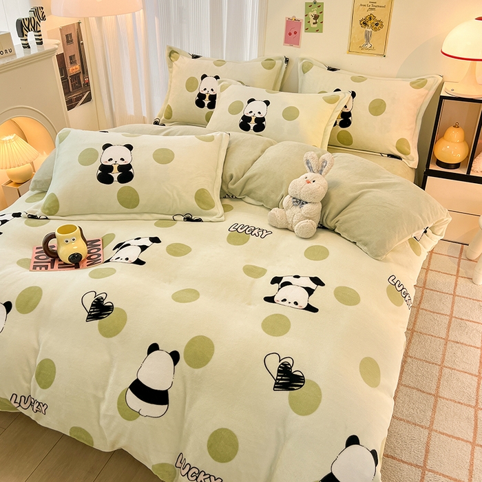 91家纺网 家纺一手货源 找家纺 2024新款A类高克重时尚风牛奶绒加厚保暖系列套件单品-四件套 波点熊猫