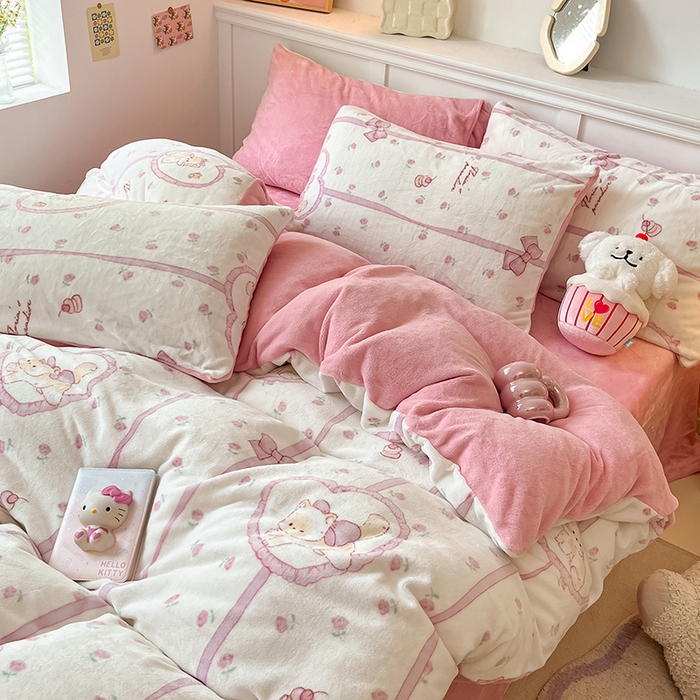 91家纺网 家纺一手货源 找家纺 桃子家居 2024新款小清新卡通加厚牛奶绒全工艺200克印花牛奶绒系列四件套 绒-公主喵