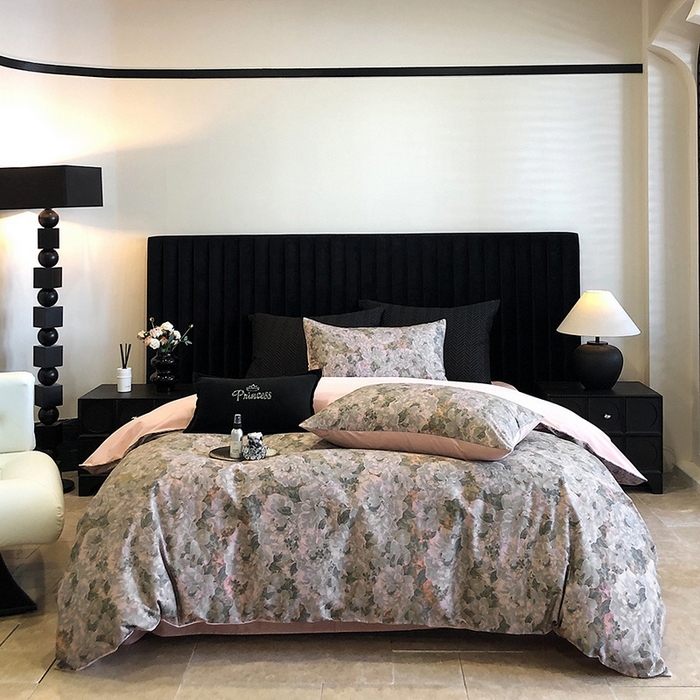 91家纺网 家纺一手货源 找家纺 立奥被业 2024新款全棉高密磨毛数码印花四件套 墨兰粉