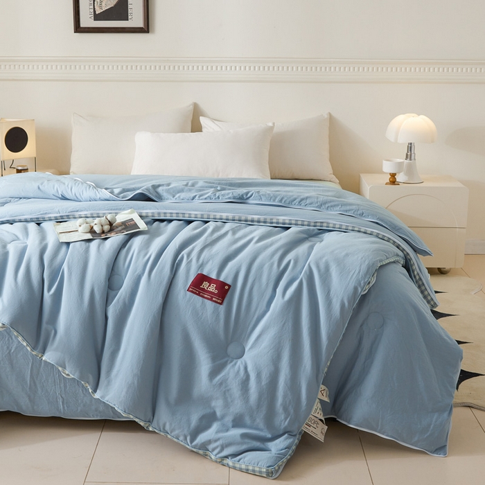 91家纺网 家纺一手货源 找家纺 创优家纺 2025新款良品针织棉子母被春秋被冬被二合一拉链款子母被 立体蓝小格-蓝