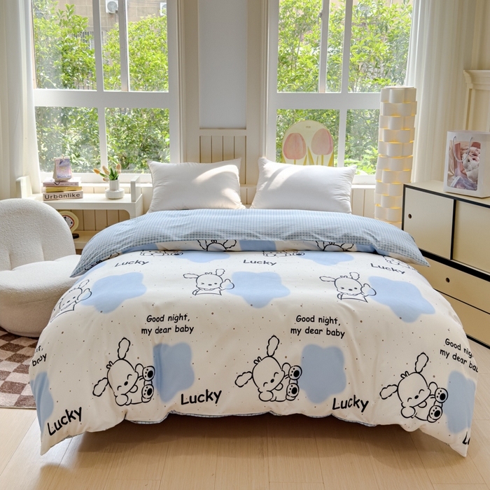 91家纺网 家纺一手货源 找家纺 佑佳家纺 2024新款140克磨毛印花植物羊绒单被套磨毛四件套 乐萌小宠