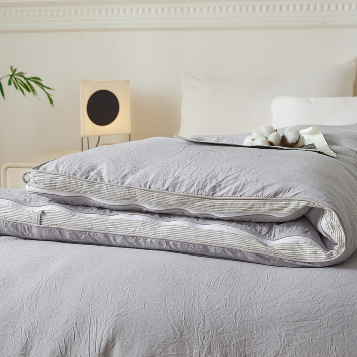 91家纺网 家纺一手货源 找家纺 创优家纺 2025新款良品针织棉子母被春秋被冬被二合一拉链款子母被 立体条纹-浅灰