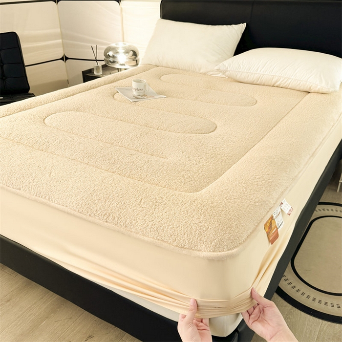 91家纺网 家纺一手货源 找家纺 雯豆家纺 2024新款加厚羊羔绒夹棉床笠纯色素色保暖床垫保护套 羊羔绒床笠-浅咖