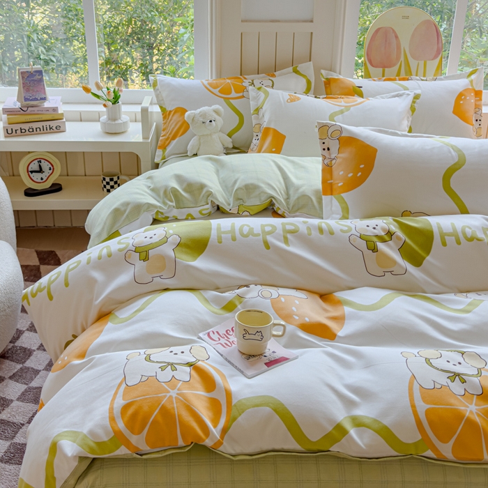 91家纺网 家纺一手货源 找家纺 佑佳家纺 2024新款140克磨毛印花植物羊绒单被套磨毛四件套 柠檬熊