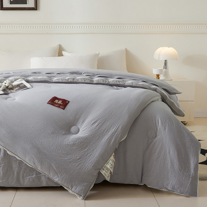 91家纺网 家纺一手货源 找家纺 创优家纺 2025新款良品针织棉子母被春秋被冬被二合一拉链款子母被 立体条纹-浅灰
